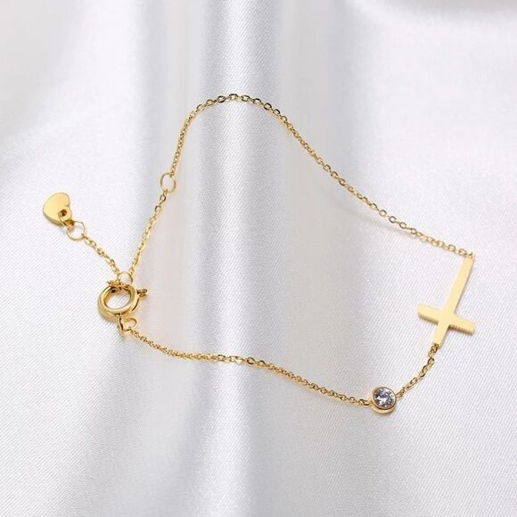 Gold Sideways Cross Bracelet Cubic Zirconia Charm - Picture 2 of 11